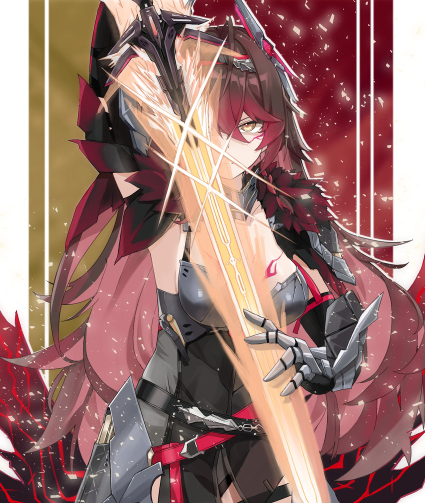1girl aether_gazer armored_gloves blue_eyes breasts brown_hair cleavage closed_eyes commentary_request dress fur_trim gloves glowing glowing_sword glowing_weapon highres holding holding_weapon hururu_(vldptmxk1054) korean_commentary large_breasts long_hair looking_at_viewer medium_breasts multicolored_hair red_hair revision streaked_hair sword verthandi_(aether_gazer) weapon yellow_eyes