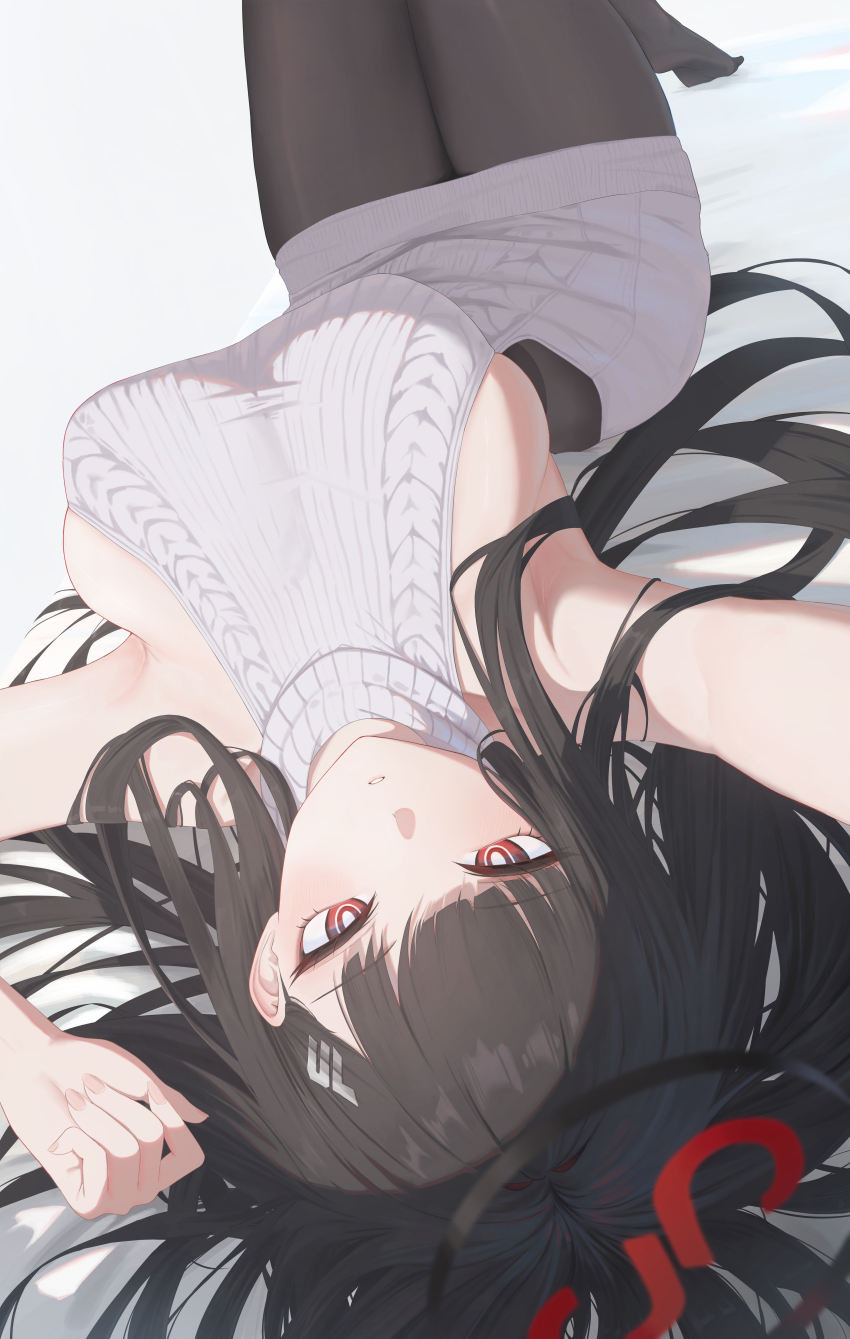 1girl absurdres arm_up armpits bed bed_sheet black_hair black_halo black_pantyhose blue_archive blunt_bangs blush breasts bright_pupils commentary dutch_angle feet grey_sweater hair_ornament hair_spread_out halo halterneck high-waist_pantyhose highres knees_up large_breasts long_hair looking_at_viewer lying millennium_science_school_logo multicolored_halo nail_polish on_back on_bed outstretched_arm pantyhose parted_lips pige_pig pink_nails reaching reaching_towards_viewer red_eyes ribbed_sweater ringed_eyes rio_(blue_archive) sideboob sideless_outfit sideless_sweater sidelocks simple_background sleeveless sleeveless_sweater sleeveless_turtleneck soles solo sweater thighs turtleneck turtleneck_sweater upside-down very_long_hair virgin_killer_sweater white_background white_pupils