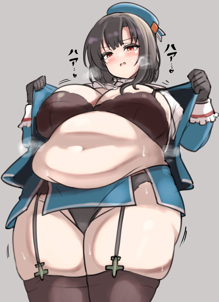 1girl absurdres belly big_belly black_bra black_gloves black_hair black_panites black_thighhighs blush bra breasts cleavage fat fat_woman garter_straps gloves green_hat green_shirt green_skirt grey_background hat heart highres kantai_collection kukuru large_breasts medium_hair miniskirt navel open_clothes open_mouth open_shirt plump red_eyes shirt skindentation skirt solo sound_effects standing takao_(kancolle) thick_thighs thighhighs thighs underwear
