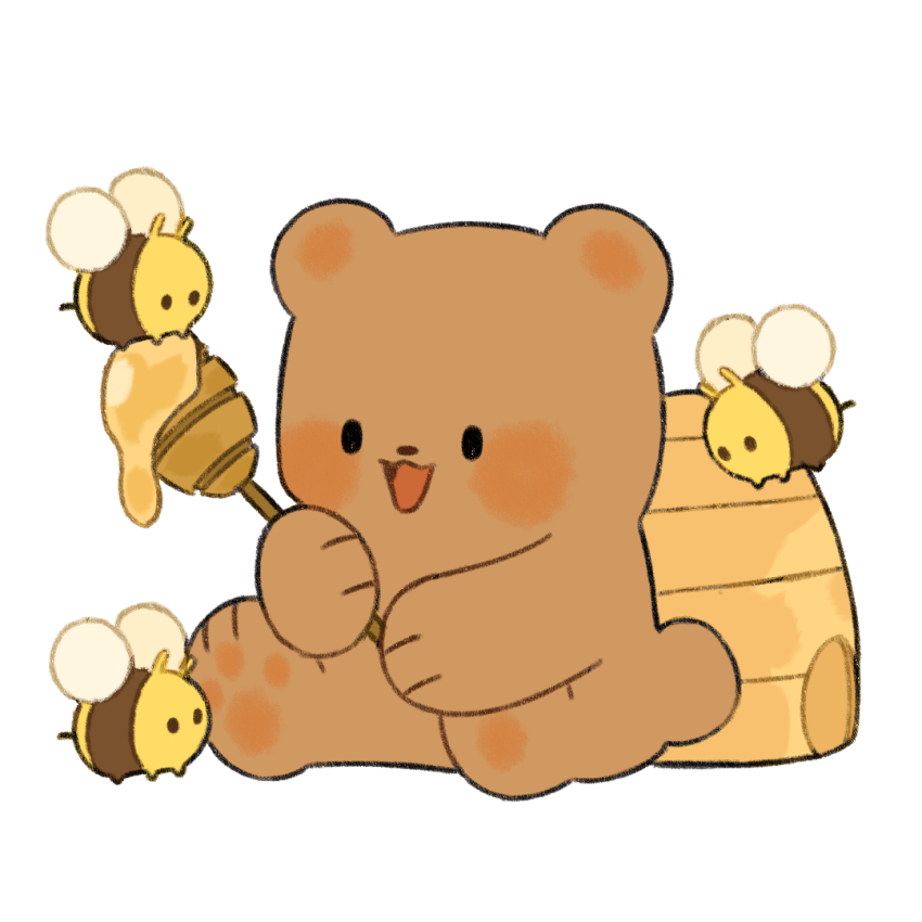 animal animal_focus bear bee beehive black_eyes blush bug commentary english_commentary holding honey insect mjoyart no_humans original simple_background sitting smile white_background
