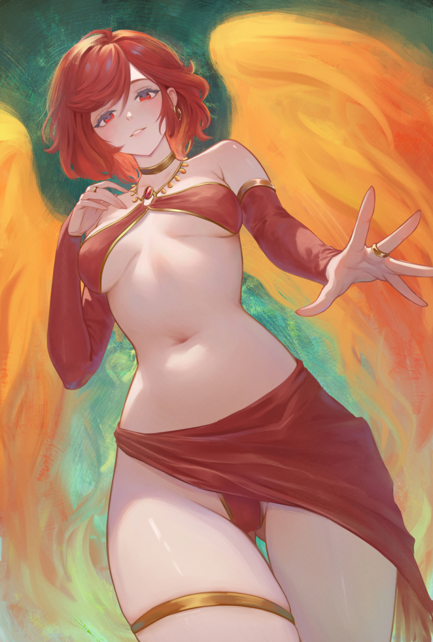 1girl bikini breasts bridal_gauntlets commentary highres jewelry looking_at_viewer medium_breasts navel necklace orange_wings original parted_lips red_bikini red_hair shchrit short_hair standing swimsuit thigh_strap thighs wings