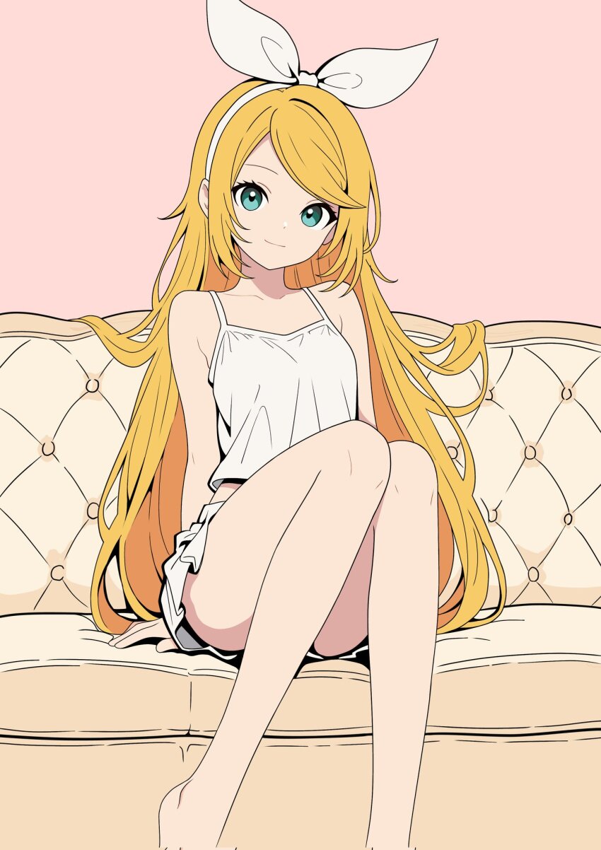 1girl aqua_eyes arms_behind_back bare_legs bare_shoulders blonde_hair camisole closed_mouth commentary_request convenient_censoring convenient_leg couch feet_out_of_frame hair_ornament hair_ribbon hairclip highres kagamine_rin knees_together_feet_apart legs long_hair looking_at_viewer official_alternate_hair_length official_alternate_hairstyle on_couch pleated_skirt ribbon sitting skirt smile solo vocaloid white_camisole white_skirt yakiniku-oyaji