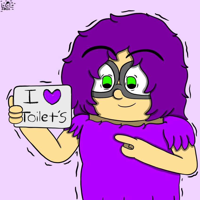 commentary dress english_commentary glasses green_eyes highres lapiscrowlime non-web_source pointing purple_dress purple_hair shaking short_hair sign tan