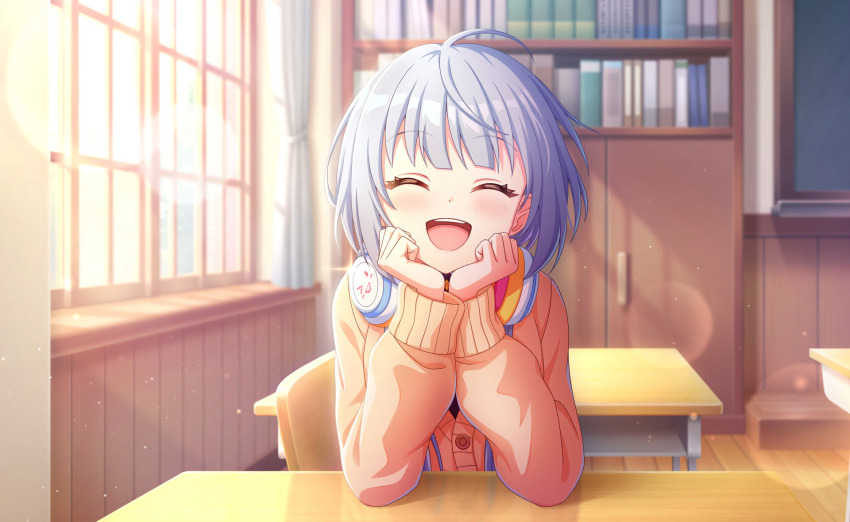 1girl :d ^_^ ahoge blurry blurry_background blush bookshelf chair closed_eyes commentary_request depth_of_field desk facing_viewer game_cg hands_on_own_face highres indoors long_sleeves official_art open_mouth senju_iroha short_hair smile solo third-party_source upper_body world_dai_star