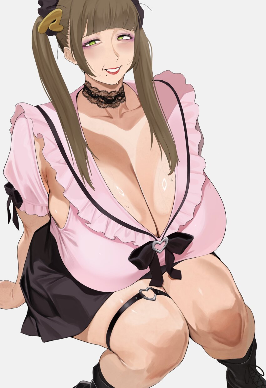 1girl absurdres arm_support black_boots black_bow black_choker black_hairband black_skirt blunt_bangs boots bow breasts brown_hair chest_bow choker cleavage eyeshadow frilled_hairband frilled_shirt frills green_eyes grey_background hair_ornament hair_over_shoulder hairband heart heart_o-ring highres huge_breasts indie_virtual_youtuber jirai_kei lace lace_choker legs_together long_hair makeup mature_female mole mole_under_mouth nohohon_pictures o-ring o-ring_thigh_strap old old_woman pink_shirt purple_eyeshadow red_lips shirt sitting skirt sleeveless sleeveless_shirt smile solo sweat thick_thighs thigh_strap thighs tsukushibara_sumine twintails virtual_youtuber