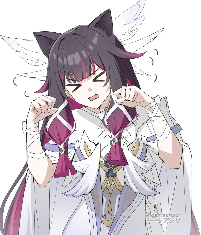 >_< 1girl absurdres adapted_costume animal_ears asiri_senpai cat_ears columbina_(genshin_impact) commentary dress flying_sweatdrops genshin_impact gradient_hair hair_ornament hands_up highres kemonomimi_mode long_hair multicolored_hair open_mouth paw_pose purple_hair simple_background solo streaked_hair twitter_username upper_body white_background white_dress wing_hair_ornament