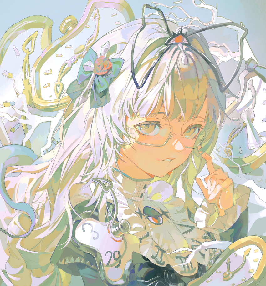 1girl absurdres blunt_bangs bow branch brown_eyes chess_piece clock eyelashes flower frills glasses hair_intakes hair_ornament highres lips long_hair long_sleeves looking_at_viewer original parted_lips red_flower red_rose rose solo ssoouull upper_body white_hair