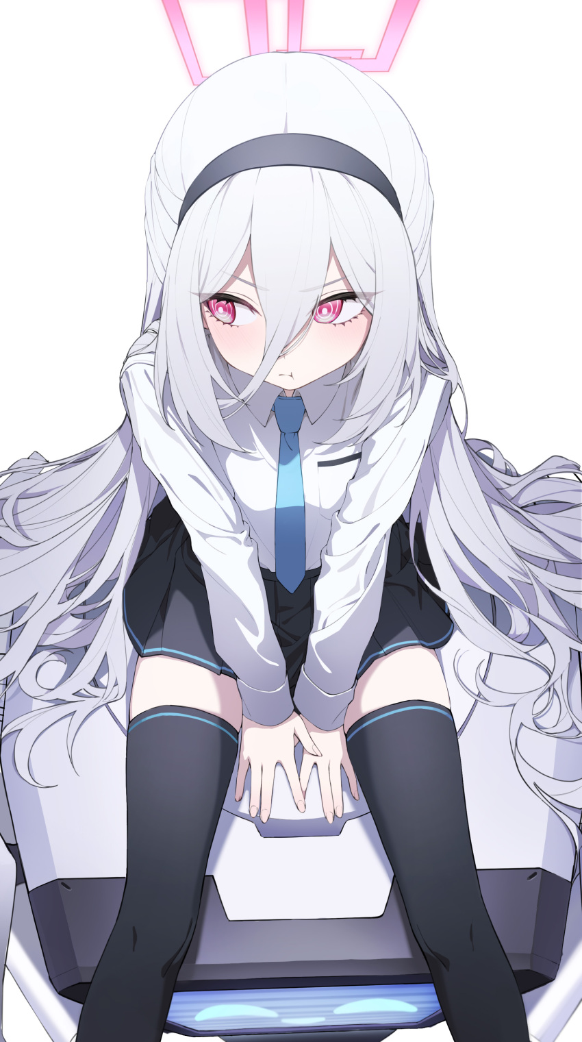 1girl :t absurdres arms_between_legs black_hairband black_thighhighs blue_archive blue_necktie blush bright_pupils collared_shirt double-parted_bangs feet_out_of_frame from_above hair_between_eyes hairband halo highres kei_(amas)_(blue_archive) kei_(blue_archive) kei_(new_body)_(blue_archive) long_hair long_hair_between_eyes long_sleeves necktie non-humanoid_robot pink_halo rectangular_halo ringed_eyes robot shirt sideways_glance simple_background sitting solo soy_chicken thighhighs v-shaped_eyebrows v_arms very_long_hair white_background white_hair white_pupils white_shirt
