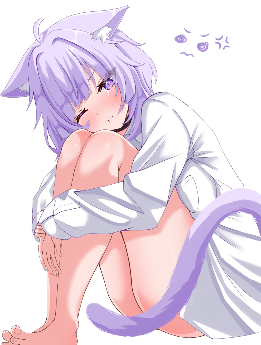 1girl absurdres ahoge animal_ear_fluff animal_ears barefoot blush cat_ears cat_girl cat_tail commentary_request feet highres hololive long_sleeves looking_at_viewer muutsu_(maxwell0916) nekomata_okayu one_eye_closed purple_eyes purple_hair shirt simple_background sitting solo tail tears toes virtual_youtuber white_background white_shirt