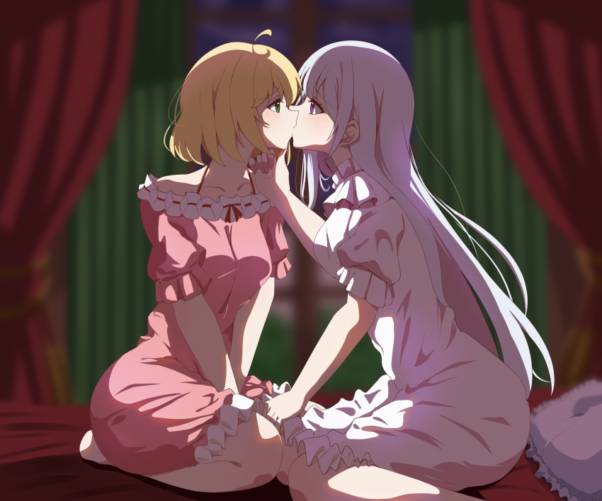 2girls ahoge anisphia_wynn_palettia bare_shoulders bed blurry blurry_background blush canopy_bed commentary dress euphyllia_magenta french_kiss green_eyes grey_hair hand_on_another&#039;s_chin highres indoors kiss long_hair multiple_girls off-shoulder_dress off_shoulder on_bed pink_dress purple_eyes seiza short_hair sitting tensei_oujo_to_tensai_reijou_no_mahou_kakumei white_dress yuri yuriyurisuki