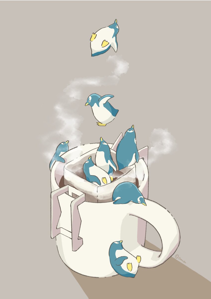 absurdres animal animal_focus bird commentary_request cup grey_background highres hot_chocolate mug no_humans original penguin shadow tasoema416 undersized_animal