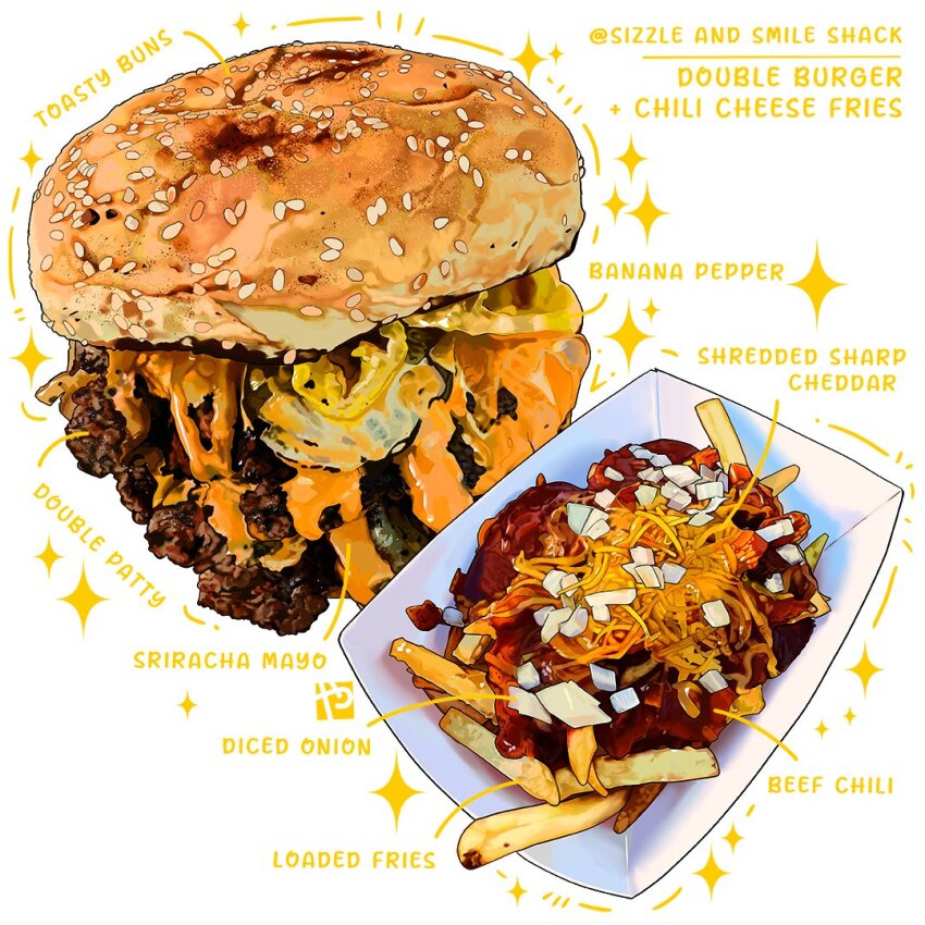 bread_bun burger cheese chili_con_carne chili_fries chili_pepper commentary english_commentary food food_focus food_name french_fries meat no_humans onion_slice original sesame_seeds studiolg white_background