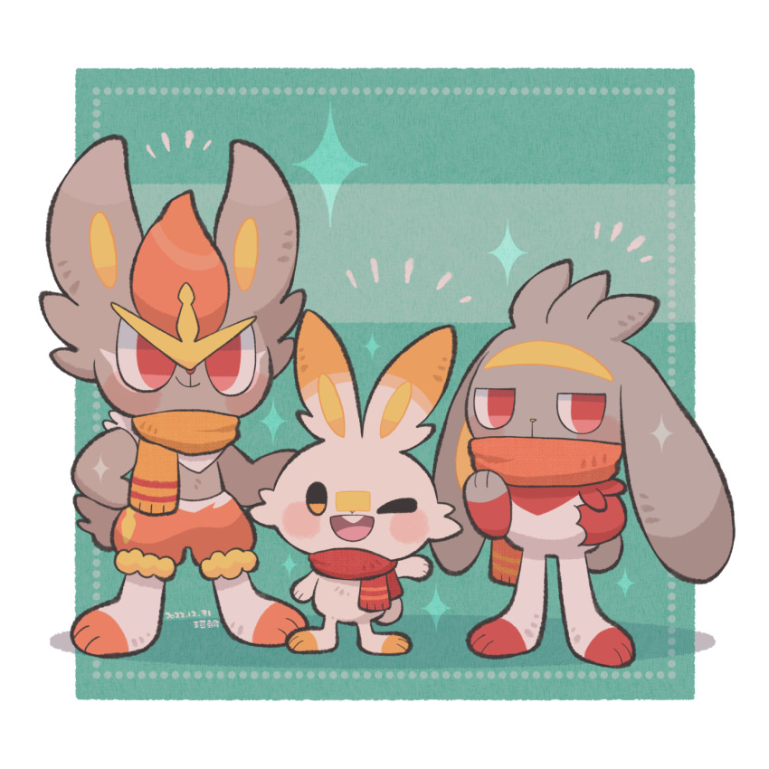 alternate_color animal_focus border cinderace covered_mouth dated evolutionary_line full_body gen_8_pokemon green_background happy_aura highres karin_(100100) nintendo no_humans one_eye_closed orange_scarf pokemon pokemon_(creature) raboot red_eyes red_scarf scarf scarf_over_mouth scorbunny shiny_pokemon signature white_border