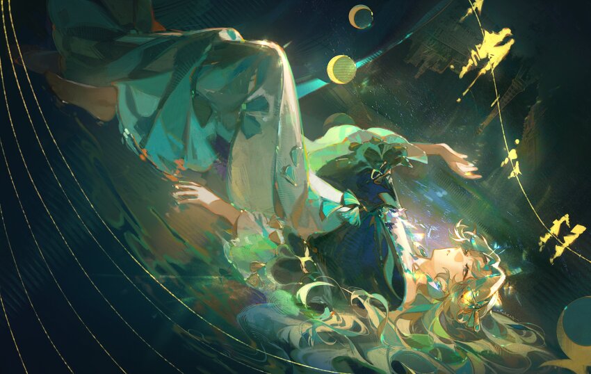 1girl absurdres barefoot beryl_bouanich black_cloak blonde_hair blue_eyes cloak commentary dark_background dragonfly_hair_ornament dress elodeas english_commentary from_side full_body hair_spread_out hand_up highres knees_up long_dress long_hair lying moon_phases on_back parted_lips reverse:1999 solo white_dress