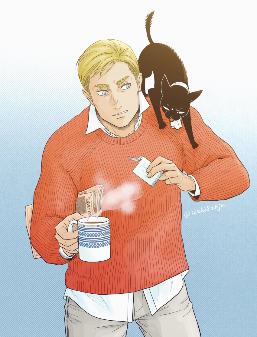 1boy animal animal_on_shoulder animalization ascot black_cat blue_eyes cat cat_on_shoulder collared_shirt commentary_request cowboy_shot cup erwin_smith highres holding holding_cup ikichi8tkjn levi_(shingeki_no_kyojin) looking_to_the_side male_focus newspaper open_collar open_mouth parted_lips red_sweater shingeki_no_kyojin shirt sideways_glance steam sweater thick_eyebrows twitter_username white_ascot white_shirt