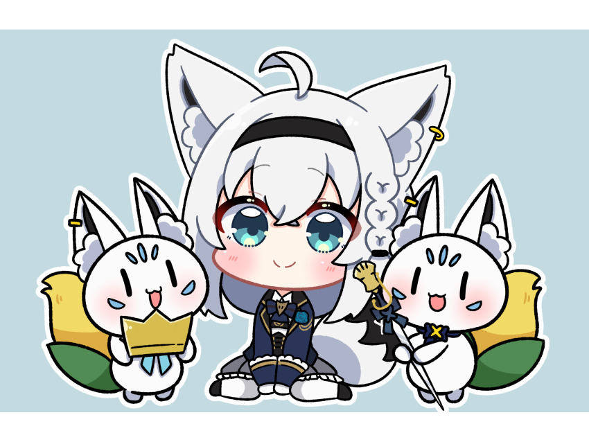 ahoge animal_ear_fluff animal_ear_piercing animal_ears aqua_eyes braid chibi chibi_only commentary_request crown dohoon earrings fox_ears fox_tail hairband highres hitodama holding holding_crown hololive jewelry official_alternate_costume pentagram shirakami_fubuki shirakami_fubuki_(fbkingdom) simple_background single_braid single_earring sitting smile sukonbu_(shirakami_fubuki) tail virtual_youtuber wariza