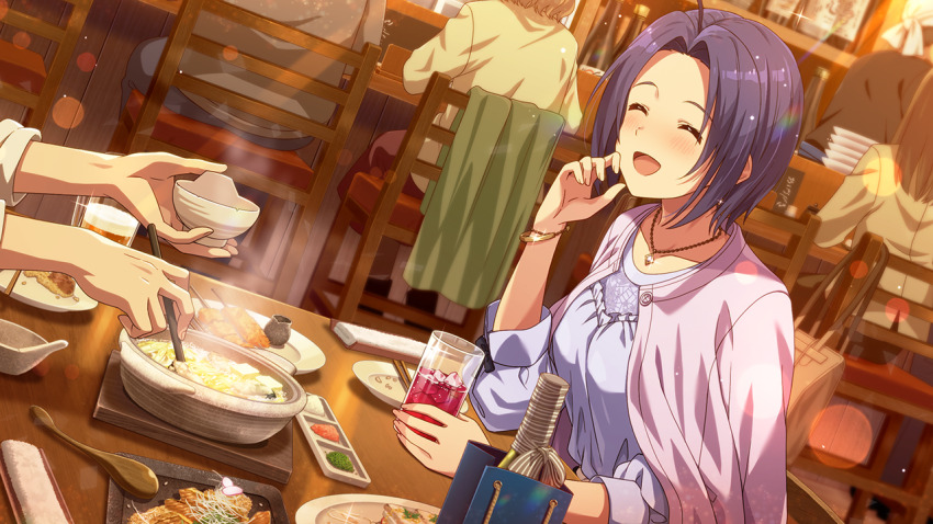 1boy 1girl ahoge blue_hair blue_shirt blush bracelet closed_eyes commentary_request cup drinking_glass food game_cg idolmaster idolmaster_(classic) idolmaster_million_live! idolmaster_million_live!_theater_days indoors jewelry miura_azusa necklace official_alternate_costume official_art open_mouth restaurant shirt short_hair sitting smile solo_focus table third-party_source