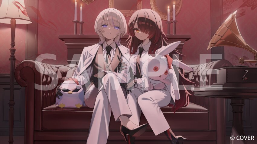 2girls ai_(u_e_o_o) banpen_(todoroki_hajime) black_gloves black_necktie black_shoes black_vest blonde_hair brown_hair collared_shirt commentary_request copyright_name couch crossed_legs dress_shirt formal_clothes gloves gradient_hair hair_over_one_eye hand_on_own_knee high_heels highres hololive hololive_dev_is indoors jacket long_hair looking_at_viewer mechanical_legs medium_hair multicolored_hair multiple_girls necktie official_art on_couch pant_suit pants parted_lips phonograph purple_eyes purple_hair roboco-san sample_watermark shirt shoe_soles shoes sitting spiked_hair streaked_hair suit suit_jacket todoroki_hajime turntable very_long_hair vest virtual_youtuber watermark white_jacket white_pants white_shirt yellow_eyes