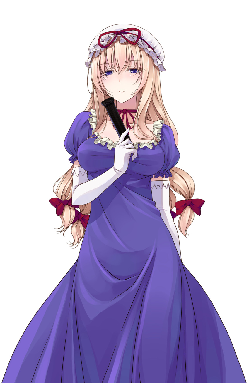 1girl blonde_hair bow breasts choker closed_mouth collarbone commentary_request cowboy_shot crote dress elbow_gloves folding_fan frilled_dress frilled_sleeves frills gloves hair_bow half-closed_eyes hand_fan hand_up hat hat_ribbon highres large_variant_set long_dress long_hair looking_at_viewer medium_breasts mob_cap multiple_hair_bows puffy_short_sleeves puffy_sleeves purple_dress purple_eyes red_bow red_ribbon ribbon ribbon_choker short_sleeves smile solo tachi-e touhou transparent_background variant_set white_gloves white_hat yakumo_yukari