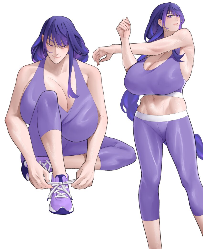 1girl absurdres arms_up braid breasts cleavage closed_mouth commentary english_commentary genshin_impact highres huge_breasts leggings long_braid long_hair looking_down low-braided_long_hair low-tied_long_hair mature_female mole mole_under_eye navel pants purple_eyes purple_hair purple_leggings purple_pants purple_shoes purple_sports_bra rahizu5 raiden_shogun shoes simple_background sitting smile sneakers solo_focus sports_bra stretching sweat tying_footwear very_long_hair white_background