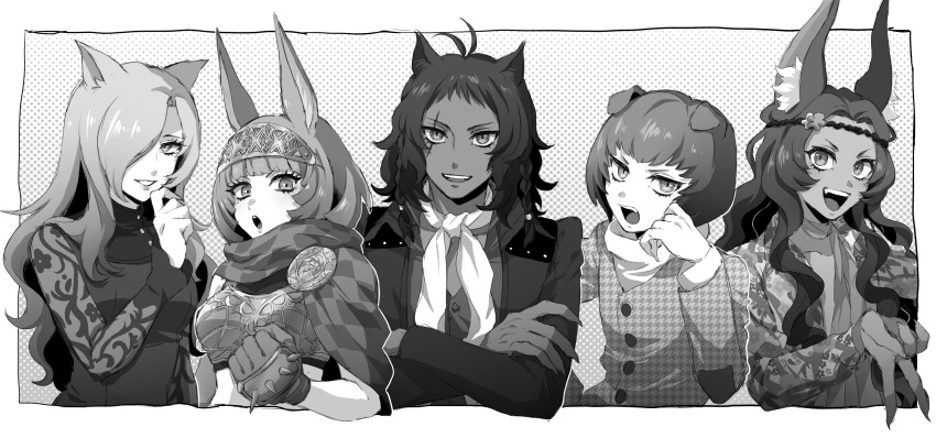 2girls 3boys :d :o absurdres animal_ears basilio_(metaphor:_refantazio) catherina_(metaphor:_refantazio) clenched_hand crossed_arms dark-skinned_male dark_skin fabienne_(metaphor:_refantazio) fang fidelio_(metaphor:_refantazio) greyscale grin gyaru_v hair_over_one_eye highres hrh84083 long_hair looking_at_viewer loveless_(metaphor:_refantazio) male_focus medium_hair metaphor:_refantazio mole mole_under_eye monochrome multiple_boys multiple_girls open_mouth short_hair slit_pupils smile upper_body v