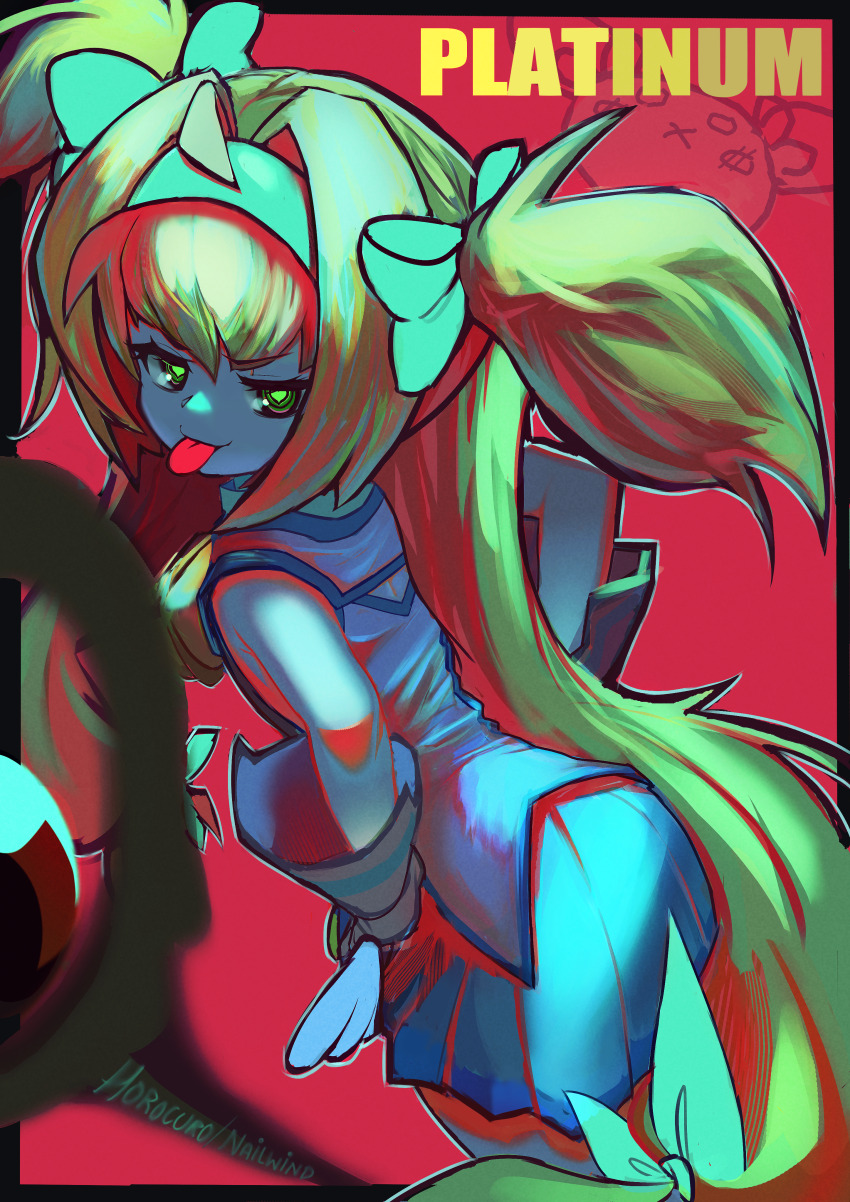 1girl :p absurdres aqua_skirt artist_name bare_shoulders bell black_border blazblue blonde_hair blue_trim border bow character_name commentary cowbell cowboy_shot english_commentary from_behind gloves green_bow green_eyes green_hairband hair_bow hairband hands_on_own_hips heart heart-shaped_pupils highres long_hair looking_at_viewer looking_back low-tied_long_hair mage_staff mixed-language_commentary multiple_hair_bows nailwind neck_bell outside_border platinum_the_trinity quad_tails red_background shirt skirt sleeveless sleeveless_shirt smile solo staff symbol-shaped_pupils taunting tongue tongue_out two_side_up very_long_hair white_gloves white_shirt