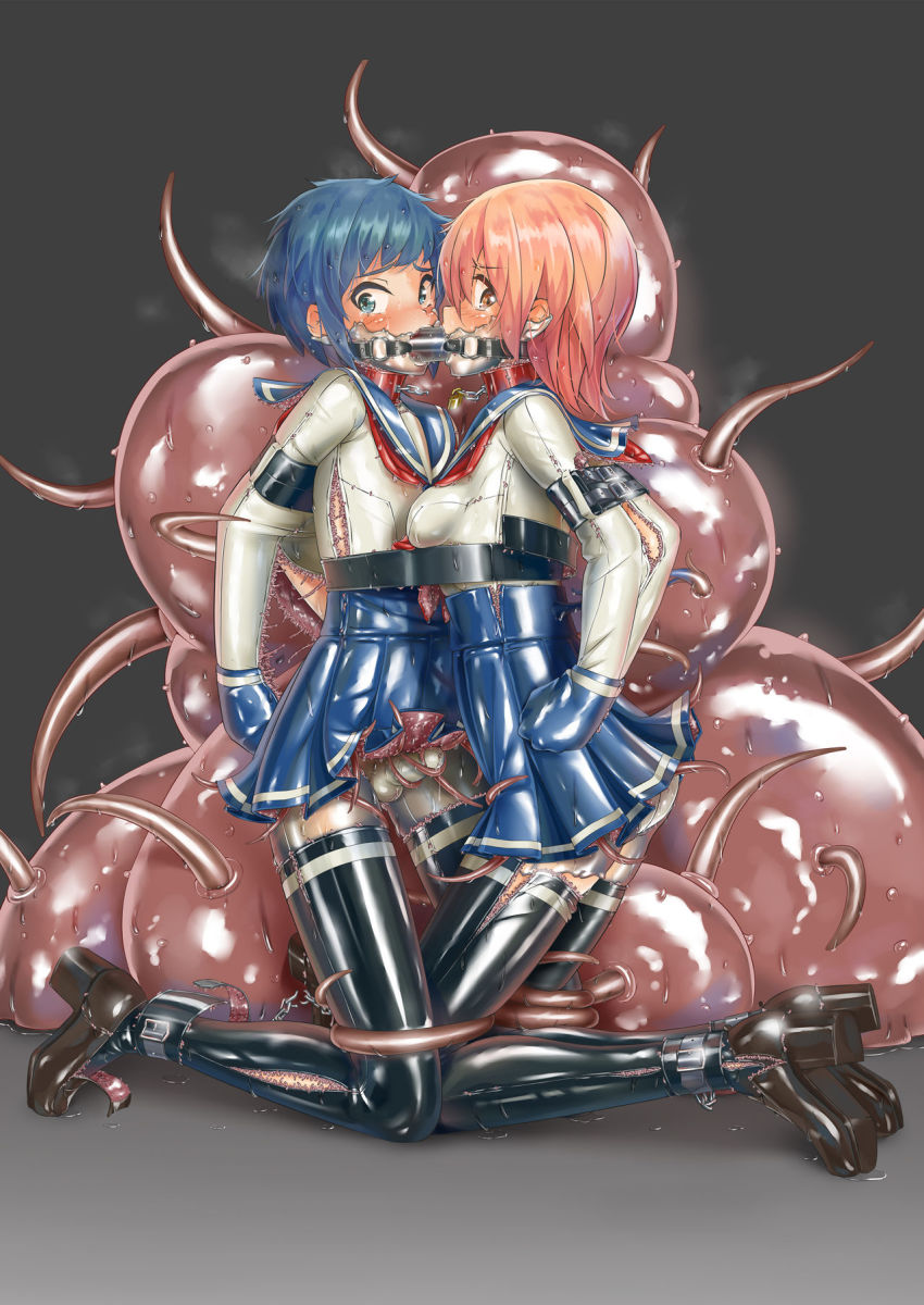 1boy 1girl armbinder bdsm blob blue_eyes blue_hair bondage bound bound_together collar crossdressing crying crying_with_eyes_open fumi11gou gag gagged gagged_male highres kneeling leashed_to_another living_clothes lock armbinder orange_eyes padlock parasite pink_hair restrained school_uniform serafuku shared_gag slime tears tentacle_clothes tentacle_seam tentaclejob tentacles tentacles_under_clothes thighhighs