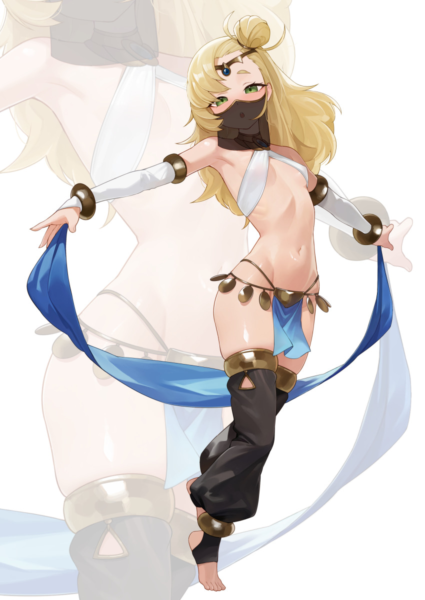 1girl :o absurdres alternate_costume anklet armpits arms_up bare_shoulders belly_dancer black_veil blonde_hair blush bracelet breasts circlet commentary dancer detached_sleeves dot_nose face_veil feet forehead_jewel full_body green_eyes hair_between_eyes hair_bun half-closed_eyes harem_outfit harem_pants headband highres jewelry loli long_hair looking_at_viewer mouth_veil navel necklace open_mouth pants pelvic_curtain piper_wheel ribs shiny_skin short_eyebrows simple_background single_hair_bun small_breasts solo stirrup_legwear stomach teeth thighhighs thighs toeless_legwear toenails toes toned_stomach upper_teeth_only v-shaped_eyebrows veil very_long_hair weimiaw white_background white_sleeves zenless_zone_zero zettai_ryouiki zoom_layer