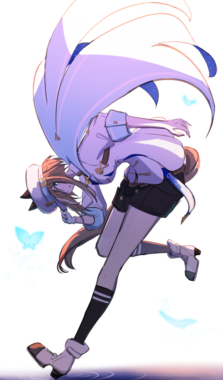 1girl absurdres animal_ears ascot black_shorts blue_cape blue_eyes breasts brown_hair bug butterfly cape cheval_grand_(grand_itineraire)_(umamusume) cheval_grand_(umamusume) commentary_request disfiro03 ear_covers ears_through_headwear gloves hair_between_eyes hat hat_belt highres horse_ears horse_girl horse_tail insect jacket looking_at_viewer medium_hair multicolored_hair one_eye_closed parted_lips peaked_cap shorts single_glove solo streaked_hair tail umamusume white_hair white_hat white_jacket yellow_ascot