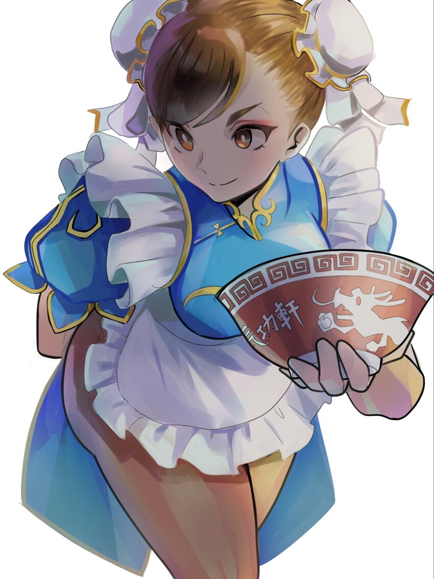 1girl apron blue_dress breasts brown_eyes brown_hair brown_pantyhose capcom china_dress chinese_clothes chun-li closed_mouth double_bun dress hair_bun highres large_breasts meke_(77842928) pantyhose short_hair smile solo street_fighter white_apron