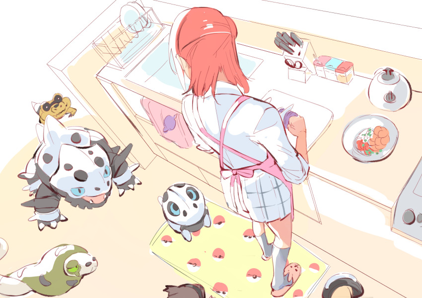1girl animal_slippers apron aron black_socks brown_footwear collared_shirt commentary cutting cutting_board english_commentary full_body gen_3_pokemon gen_4_pokemon gen_5_pokemon gen_8_pokemon hair_bun half_updo highres holding holding_knife indoors kitchen kitchen_knife knife knife_block lairon looking_at_another love_live! love_live!_nijigasaki_high_school_idol_club medium_hair miniskirt myonmukyuu nijigasaki_school_uniform nintendo orange_hair pink_apron plaid_clothes plaid_skirt plate pleated_skirt poke_ball_print pokemon sandile school_uniform shieldon shirt silicobra single_side_bun sink skirt slice_of_life slippers socks standing uehara_ayumu white_shirt white_skirt winter_uniform zigzagoon