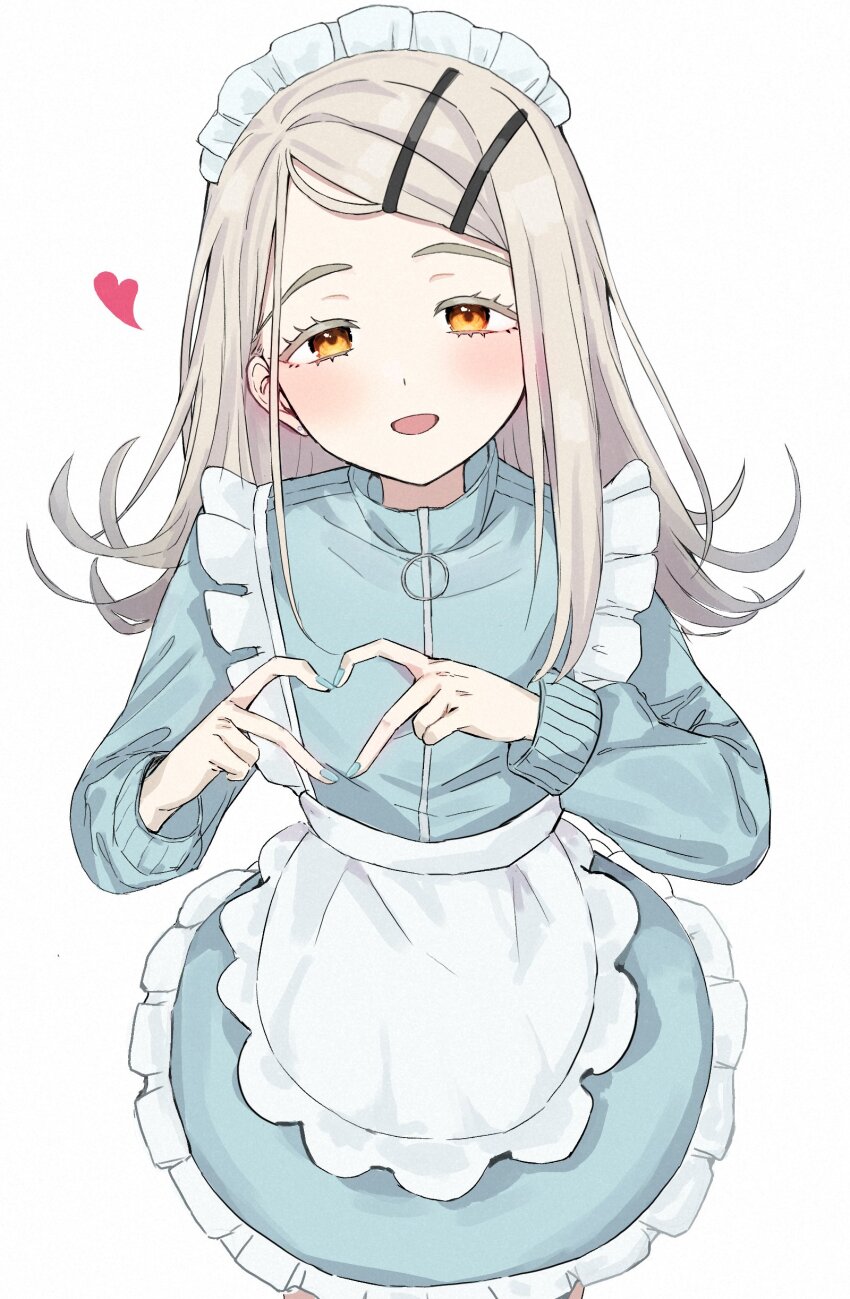1girl absurdres apron blue_jacket blue_nails blue_skirt blush colored_eyelashes commentary_request earrings fingernails flipped_hair frilled_apron frilled_skirt frills gakuen_idolmaster grey_background grey_hair hair_ornament hairclip hands_up heart heart_hands highres idolmaster issei_draw jacket jersey_maid jewelry long_hair long_sleeves looking_at_viewer maid maid_apron maid_headdress nail_polish open_mouth orange_eyes parallel_hairclips parted_bangs shinosawa_hiro simple_background skirt smile solo stud_earrings track_jacket unconventional_maid upper_body waist_apron white_apron white_headdress zipper