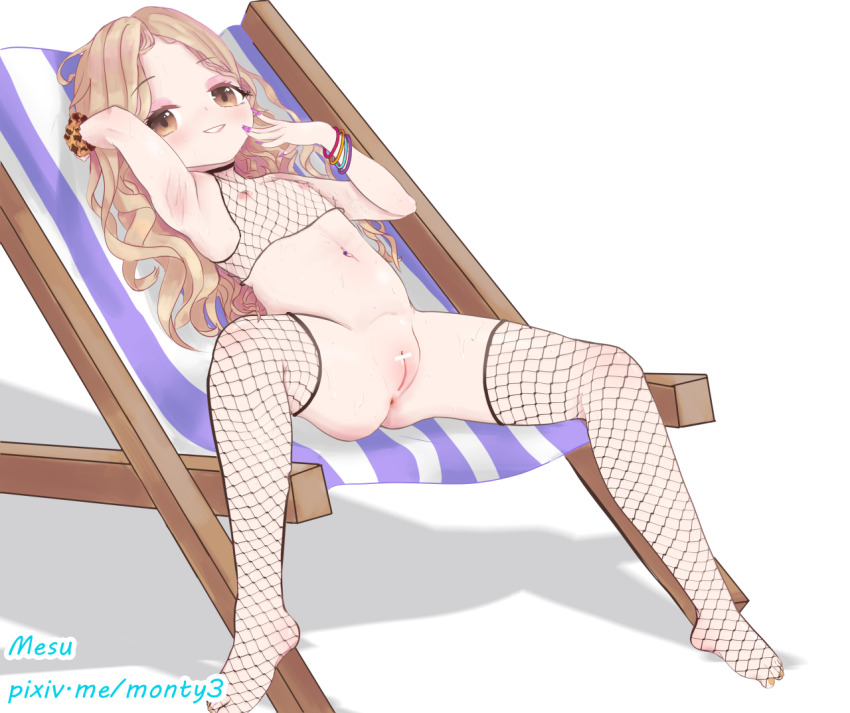 1girl anus arm_behind_head armpits bar_censor bikini blonde_hair bracelet breasts censored cleft_of_venus eyeshadow female_focus fingernails fishnet_bra fishnet_thighhighs fishnets flat_chest functionally_nude gyaru hair_ornament jewelry legs loli long_hair looking_at_viewer lying makeup mesu-55 mesugaki micro_bikini nail_polish naughty_face on_back original pink_nails puffy_nipples pussy scrunchie simple_background sitting smile smirk spread_legs sweat swimsuit tagme thighhighs white_background wide_spread_legs yellow_eyes