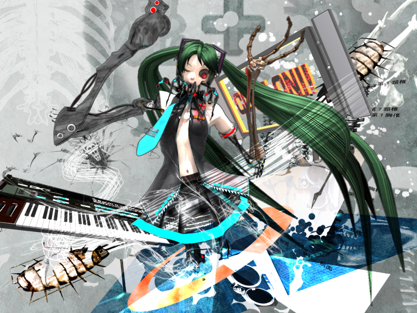 2009 3d abstract_background android artificial_eye blue_necktie calne_ca_(deino) cosplay deino_(deino3330) green_hair hatsune_miku hatsune_miku_(cosplay) instrument isopod long_hair mechanical_arms mechanical_eye mechanical_legs microphone_stand nato-kun navel necktie no_bra one_eye_closed original pleated_skirt skeletal_arm skirt synthesizer television twintails very_long_hair vocaloid wire