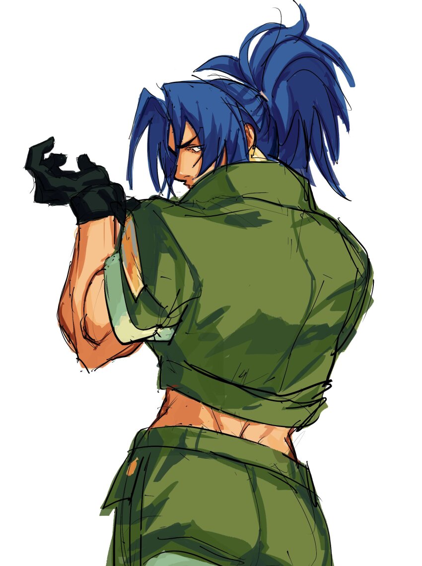 1girl ass blue_eyes blue_hair female_focus from_behind huge_ass lemon1034 lemon_1034 leona_heidern long_hair looking_at_viewer military pants ponytail shorts the_king_of_fighters