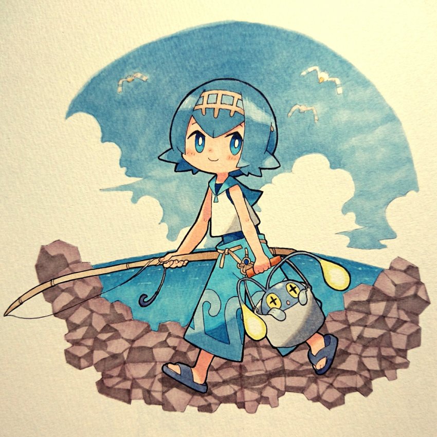 1girl bad_id bad_twitter_id blue_eyes blue_hair blue_sailor_collar blush bucket capri_pants chinchou cloud cloudy_sky fishing_rod gen_2_pokemon gen_3_pokemon hairband highres holding hook lana_(pokemon) nintendo ocean pants pokemon pokemon_(creature) pokemon_sm sailor_collar sandals sasa_kichi shirt short_hair sky sleeveless smile swimsuit swimsuit_under_clothes texture traditional_media wingull
