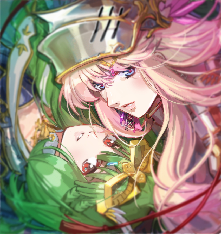 2girls absurdres armor blonde_hair blue_eyes blunt_bangs blush braid commentary earrings english_commentary green_hair hair_ornament hairclip helmet highres jewelry lips long_hair looking_at_viewer macross macross_frontier medium_hair multiple_girls nekkikamille parted_lips pink_hair pink_lips ranka_lee red_eyes sheryl_nome sidelocks single_earring upper_body upside-down