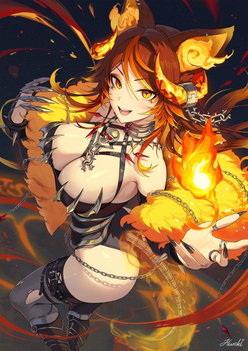 1girl absurdres animal_ear_piercing animal_ears ass bare_shoulders black_leotard black_nails black_thighhighs bracelet breasts brown_hair chain claw_ring cleavage commentary cuffs demon_horns ear_piercing english_commentary eyeshadow fake_claws fiery_ears fiery_tail fingernails fire fur_trim heartki highleg highleg_leotard highres horn_ornament horns indie_virtual_youtuber jewelry large_breasts leotard long_hair looking_at_viewer makeup multicolored_hair orange_eyeshadow orange_hair orange_horns piercing shackles sharp_fingernails shiny_skin sinder_(demon_form)_(vtuber) sinder_(vtuber) skeletal_tail skull_ornament smile solo spiked_bracelet spikes streaked_hair tail thick_thighs thigh_strap thighhighs thighs torn_clothes torn_thighhighs virtual_youtuber wolf_ears wolf_girl wolf_tail