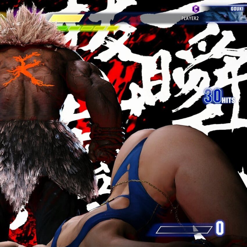 1boy 1girl 3d age_difference akuma_(street_fighter) alternate_costume ass back bare_legs bare_shoulders biceps blue_one-piece_swimsuit bracelet brown_hair capcom character_name chun-li curvy defeat double_bun game_screenshot hair_bun highleg highleg_one-piece_swimsuit huge_ass indoors jewelry lying muscular muscular_male official_alternate_costume on_stomach one-piece_swimsuit parted_lips ryona sexually_suggestive shiny_skin skindentation standing street_fighter street_fighter_6 swimsuit thighlet third-party_edit thong_one-piece_swimsuit video_game_screencap wide_hips