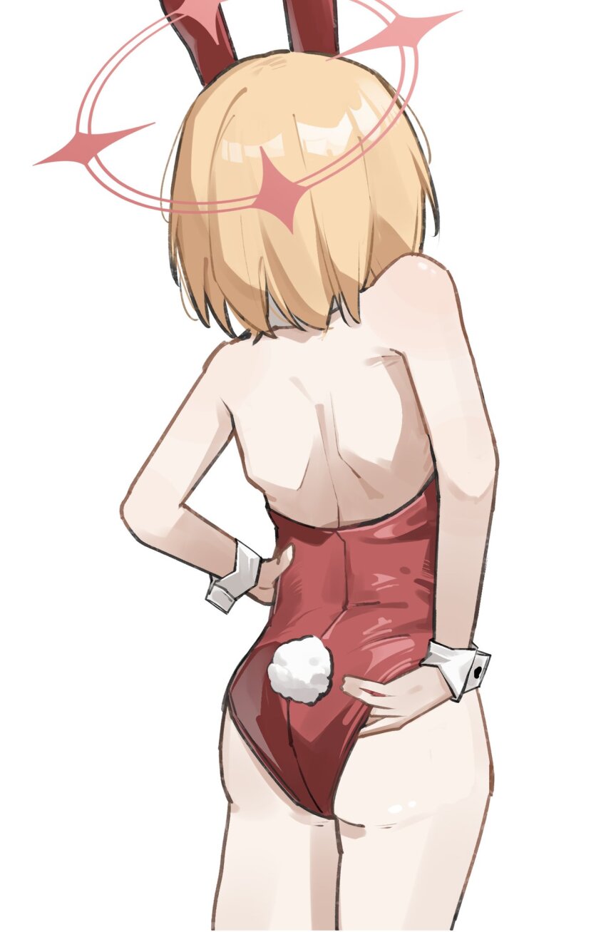 1girl adjusting_clothes animal_ears ass back bare_shoulders blonde_hair blue_archive cowboy_shot fake_animal_ears fake_tail from_behind halo hand_on_own_hip highres leotard loli median_furrow momoi_(blue_archive) pink_halo playboy_bunny puntikimaa rabbit_ears rabbit_tail red_leotard short_hair shoulder_blades simple_background solo strapless strapless_leotard tail white_background white_wrist_cuffs wrist_cuffs