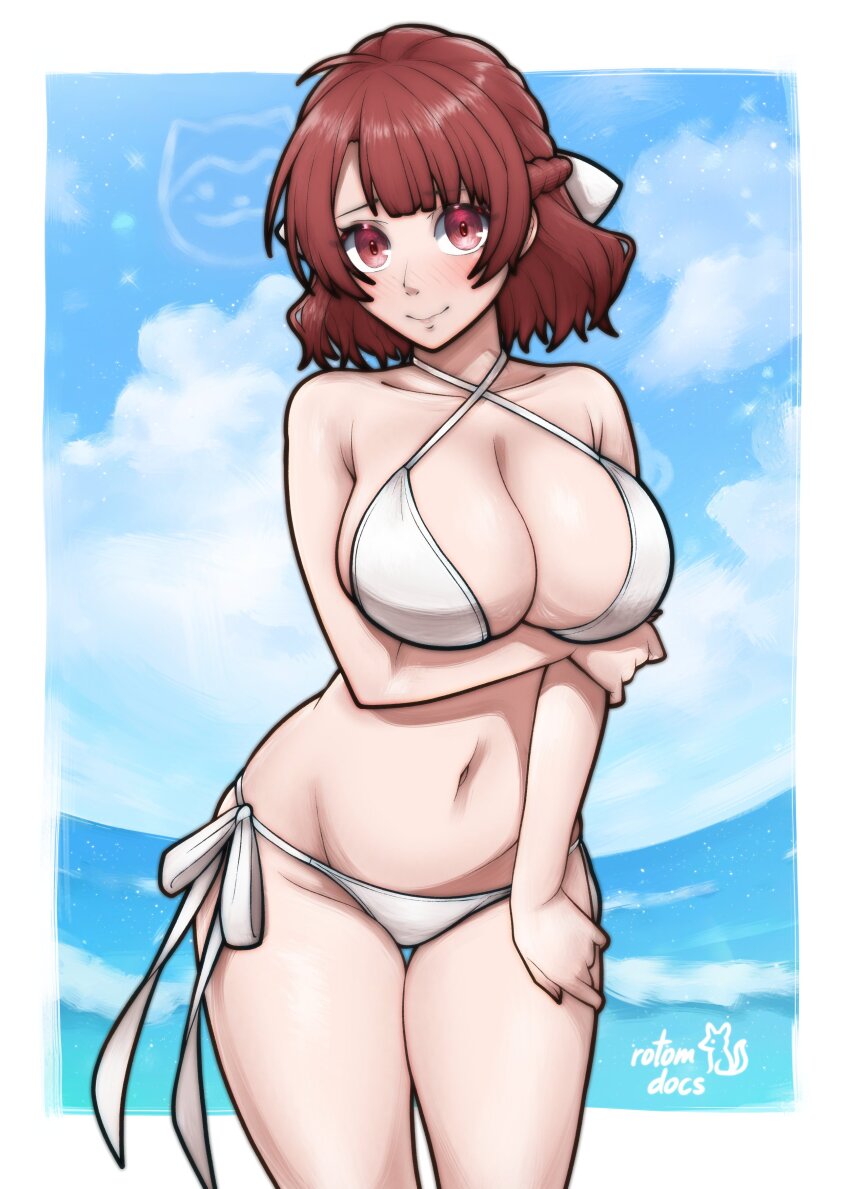 1girl absurdres arm_on_thigh arm_under_breasts artist_name bare_arms bare_shoulders bikini blue_lock blue_sky blush breasts cleavage cloud commentary commission cowboy_shot criss-cross_halter english_commentary halterneck highres huge_breasts ko-fi_commission navel nervous_smile ocean red_eyes red_hair rotomdocs side-tie_bikini_bottom signature sky smile solo standing stomach swimsuit teieri_anri white_bikini