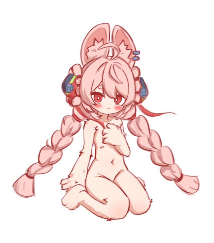 1girl ahoge animal_ear_fluff animal_ear_piercing animal_ears braid commentary completely_nude furry furry_female gba_jasjas hair_ornament hand_on_own_chest highres loli long_hair looking_at_viewer navel nude pink_fur pink_hair rabbit_ears rabbit_girl red_eyes simple_background sitting solo sphere_hair_ornament symbol-only_commentary twin_braids white_background zenless_zone_zero zhao_(zenless_zone_zero)