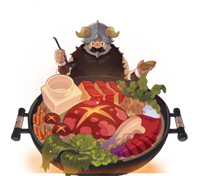 1boy artist_request bare_shoulders beard big_nose black_eyes bowl brown_facial_hair carrot dungeon_meshi dwarf facial_hair facing_viewer fingernails food food_focus full_beard helmet highres holding holding_bowl holding_ladle horns hotpot ladle lettuce lobster_claw long_beard mandrake mandrake_(dungeon_meshi) muscular muscular_male mushroom mustache official_art second-party_source senshi_(dungeon_meshi) shiitake silver_armor simple_background soap_bubbles solid_circle_eyes solo soup suction_cups transparent_background very_long_beard wok yellow_horns