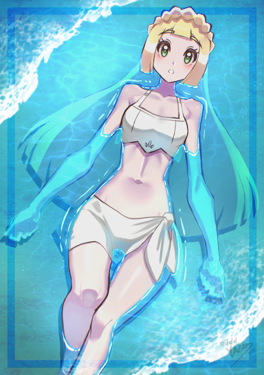 1girl absurdres afloat bikini blonde_hair blush collarbone curvy green_eyes highres lillie_(pokemon) long_hair looking_at_viewer looking_up midriff nintendo pokemon pokemon_(anime) pokemon_sm_(anime) shiny_skin solo swimming swimsuit water white_bikini wide_hips yasu_suupatenin