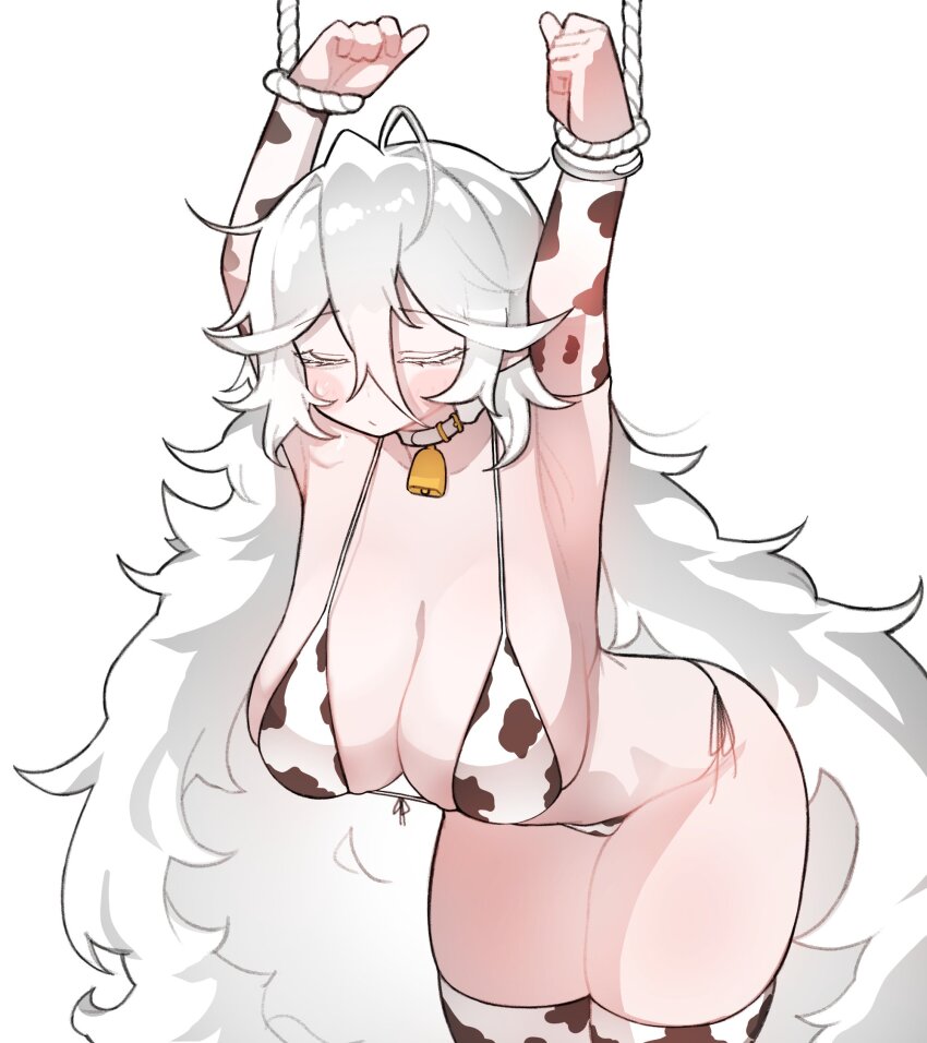 1girl :/ ahoge animal_print armpits arms_up bell belt belt_collar bent_over bikini blush blush_stickers bound bound_wrists breasts bursting_breasts cleavage closed_eyes collar colored_eyelashes cow_print cow_print_bikini cow_print_sleeves cow_print_thighhighs cowbell cowboy_shot detached_sleeves double-parted_bangs fluffy_hair hair_between_eyes highleg highleg_bikini highres huge_breasts kim_aendeo long_hair loose_hair_strand loosely_tucked_bangs micro_bikini neck_bell original print_bikini print_thighhighs side-tie_bikini_bottom sideboob sidelocks skindentation solo standing stomach sweat swimsuit thick_thighs thighhighs thighs unkempt upper_body very_long_hair white_background white_belt white_hair wide_hips