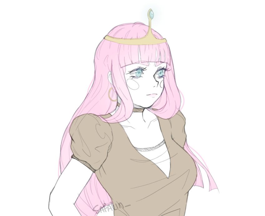 1girl adventure_time blue_eyes earrings highres humanization jewelry long_hair non-web_source pink_hair princess_bonnibel_bubblegum sketch solo tiara white_background