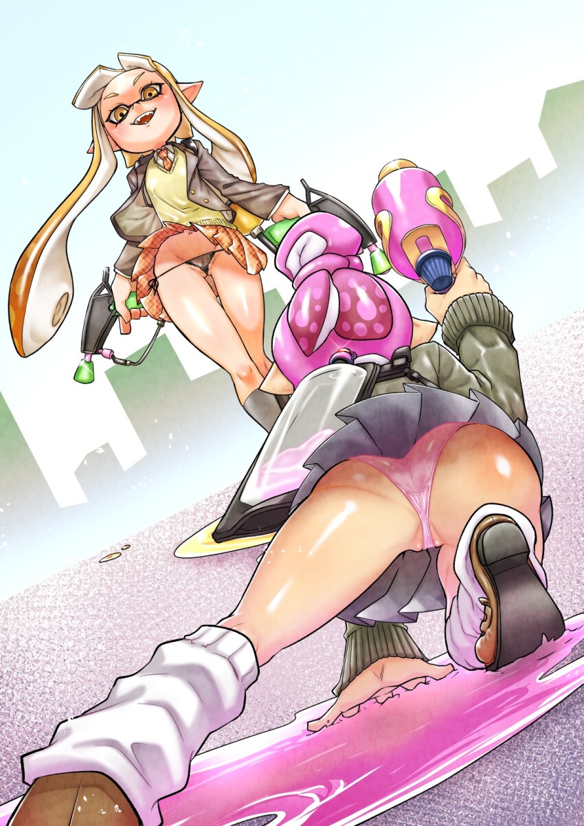 2girls agent_4_(splatoon) ass black_panties black_skirt brown_jacket brown_vest emit_x flat_chest from_behind full_body green_jacket groin gun highres holding holding_gun holding_weapon ink inkling jacket leaning_forward long_hair looking_at_another looking_at_viewer micro_panties multiple_girls nintendo on_one_knee open_mouth orange_skirt panties pantyshot pink_panties pointy_ears school_uniform short_hair skirt smile splat_dualies_(splatoon) splatoon_(series) splattershot_(splatoon) teeth tentacle_hair underwear upper_teeth_only vest weapon wind wind_lift