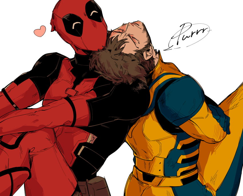 2boys back beard belt bodysuit closed_eyes closed_mouth commentary crossed_arms deadpool deadpool_&amp;_wolverine deadpool_(series) english_commentary facial_hair gloves head_on_another's_shoulder head_tilt heart highres hiki0ta male_focus marvel mask mixed-language_commentary multicolored_bodysuit multiple_boys muscular muscular_male purring red_bodysuit red_mask short_hair sitting speech_bubble two-tone_bodysuit white_background wolverine_(x-men) x-men yaoi yellow_bodysuit
