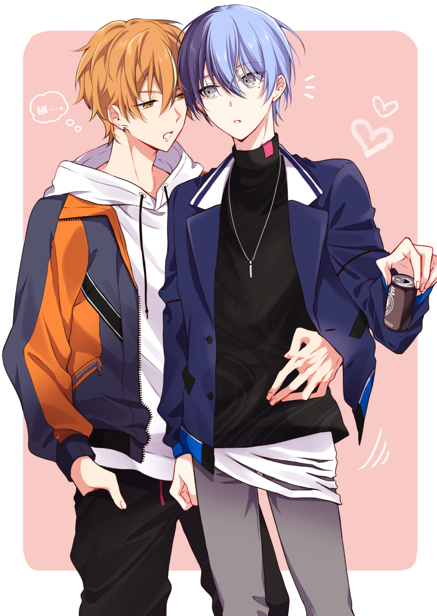 2boys aoyagi_touya aruke_(rk_prsk) black_pants black_shirt blonde_hair blue_hair border can clenched_hand commentary_request drawstring earrings fingernails grey_eyes grey_pants hair_between_eyes hand_around_waist hand_in_pocket heart highres holding holding_can hood hood_down hoodie jacket jacket_over_hoodie jewelry lapels looking_at_another male_focus mole mole_under_eye multicolored_hair multiple_boys necklace notched_lapels notice_lines open_clothes open_jacket orange_eyes orange_hair outside_border pants parted_lips project_sekai shinonome_akito shirt short_hair sideways_glance split-color_hair streaked_hair turtleneck two-tone_hair white_border white_hoodie yaoi