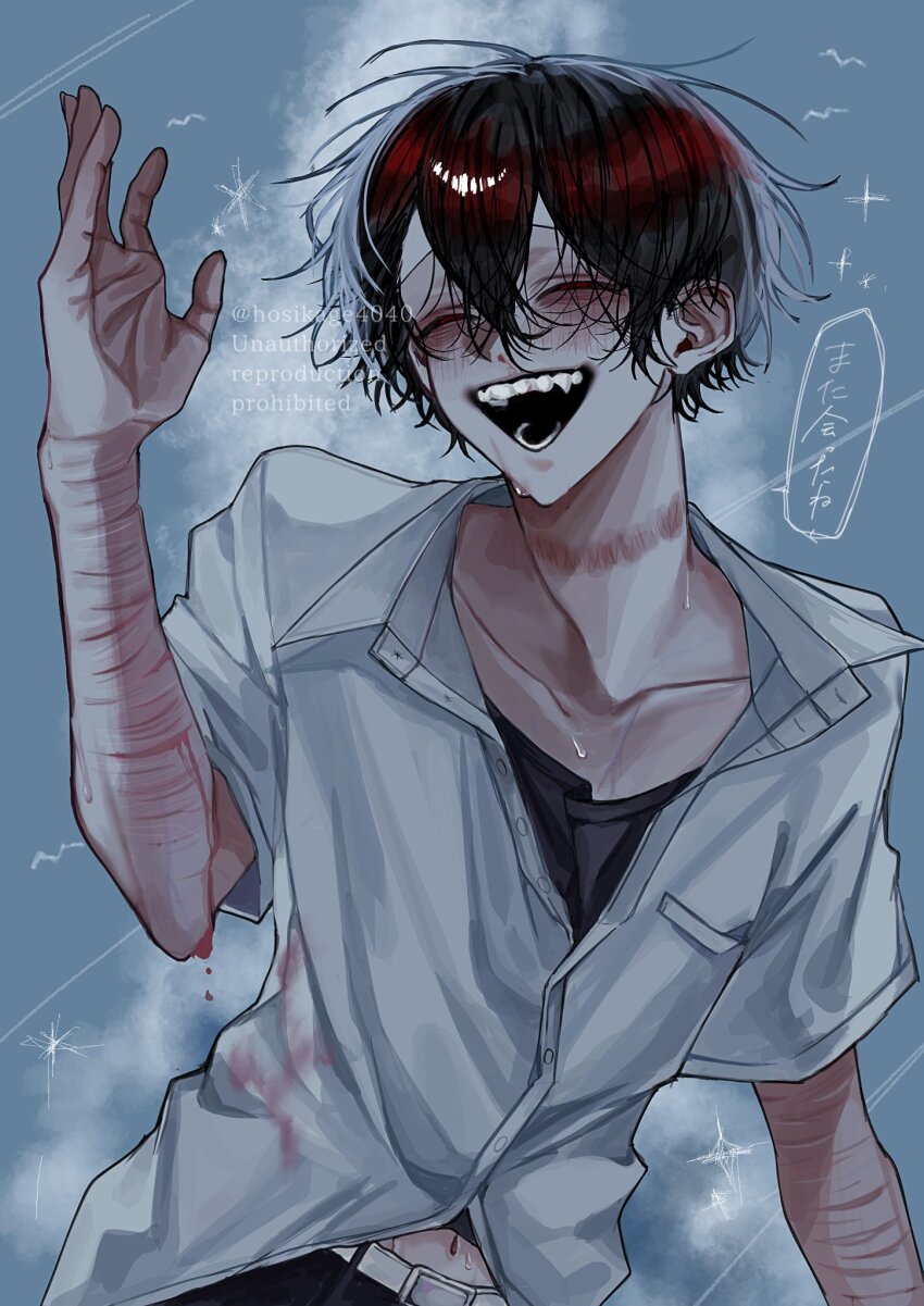 1boy aegyo_sal arm_up attempted_suicide black_hair black_shirt bleeding blood blood_on_clothes blue_sky closed_eyes cloud cloudy_sky collarbone collared_shirt commentary_request crossed_bangs double-parted_bangs grin hair_between_eyes hand_up highres hosikage4040 looking_at_viewer male_focus midriff_peek open_mouth original outdoors scar scar_on_arm scar_on_neck self-harm shirt short_hair simple_bird sky smile solo translation_request undershirt white_shirt wrist_cutting